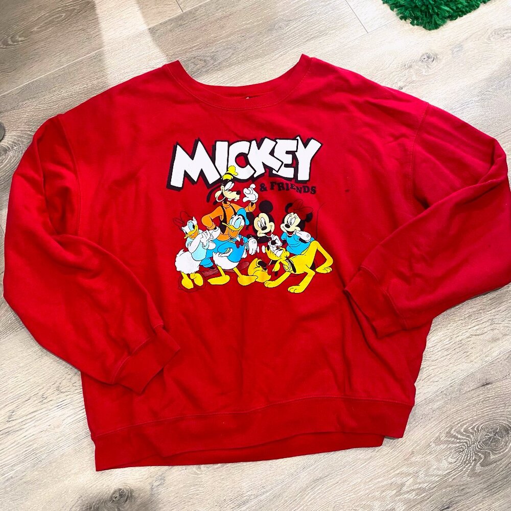 VTG Disney Mickey Mouse Gang Sweatshirt Size 3XL US In Solid Red Cotton Blend